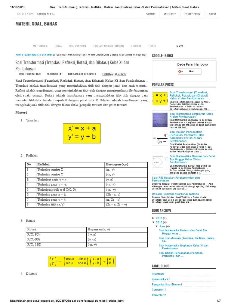 Soal Transformasi (Translasi, Refleksi, Rotasi, Dan