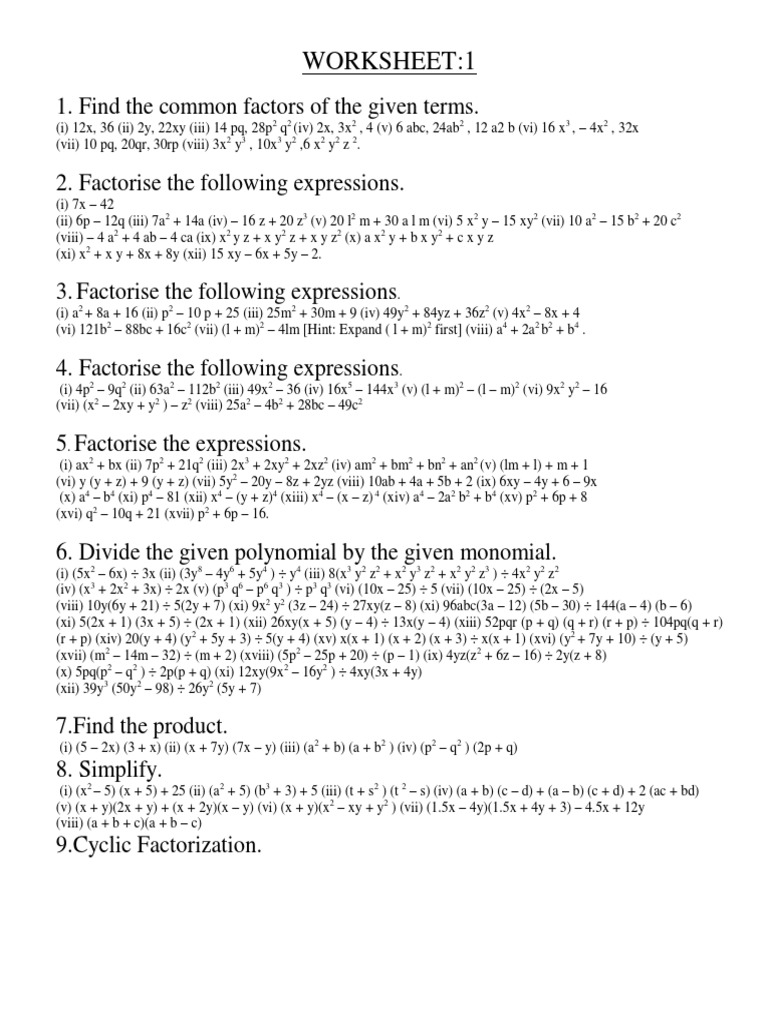 Class Vii Worksheet 1 Pdf Division Mathematics Polynomial
