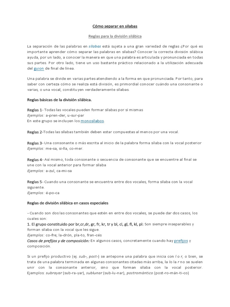 Reglas y ejemplos de separación silábica | PDF | Sílaba | Vocal