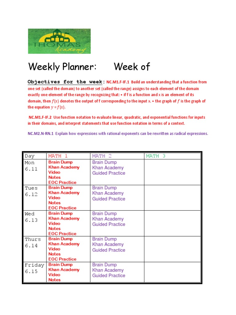 Weekly Math Planner and Objectives | PDF