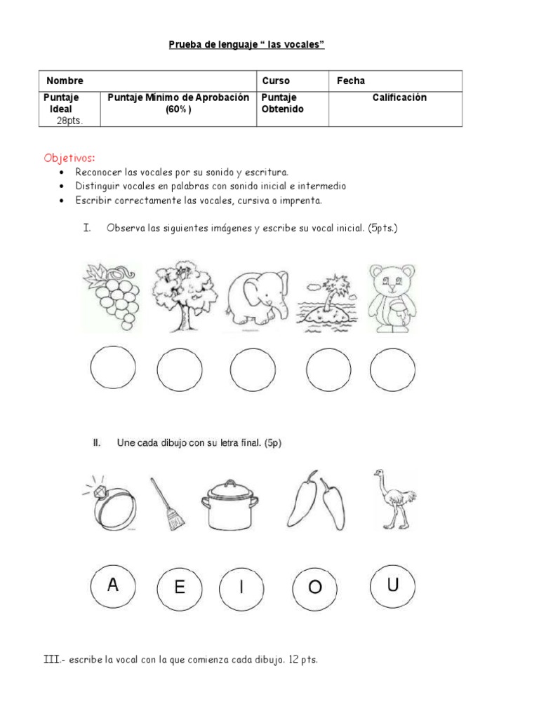 Evaluación de Vocales para Niños | PDF | Artes del Lenguaje y Comunicación