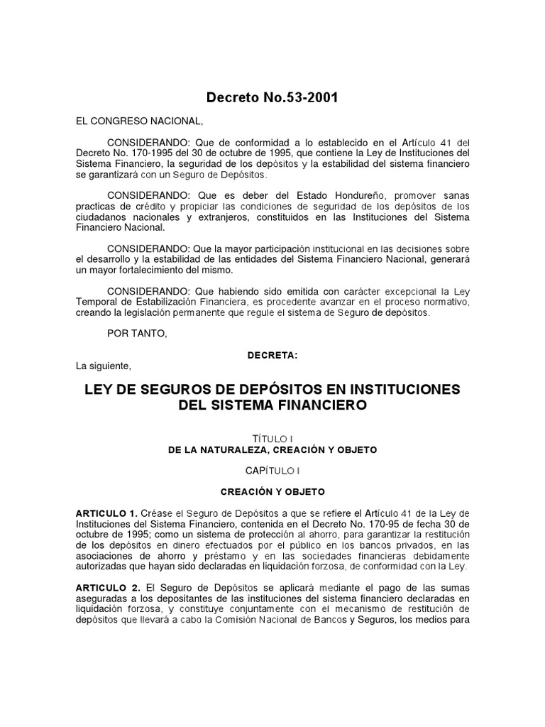 Ley de Seguro de Depósitos en Honduras | PDF | Seguro | Sistema financiero