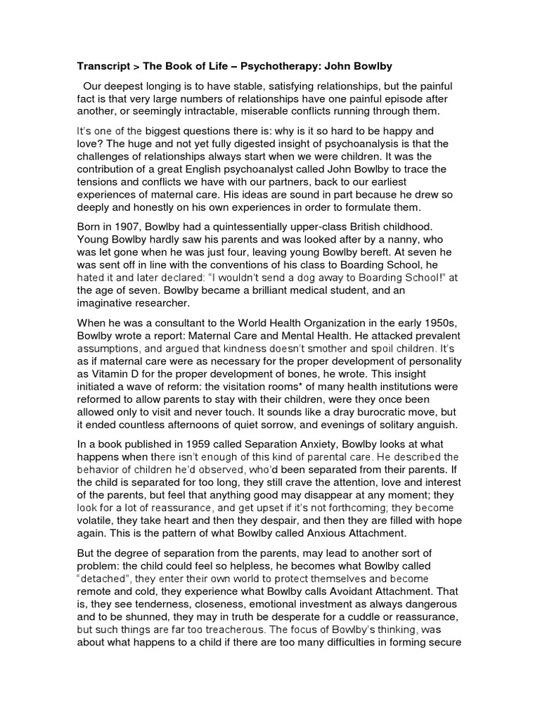 Transcript - Psichotherapy TSL | PDF | Attachment Theory | Psychoanalysis