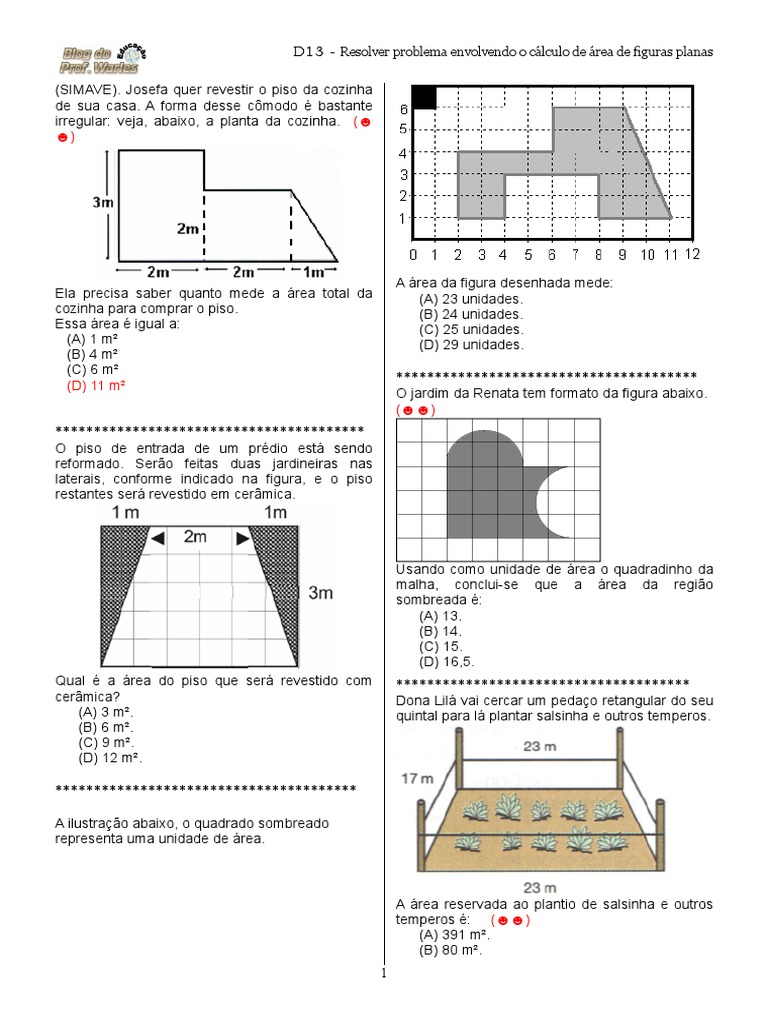 D13Resolver Problema Envolvendo o Cálculo de Área de Figuras Planas ...