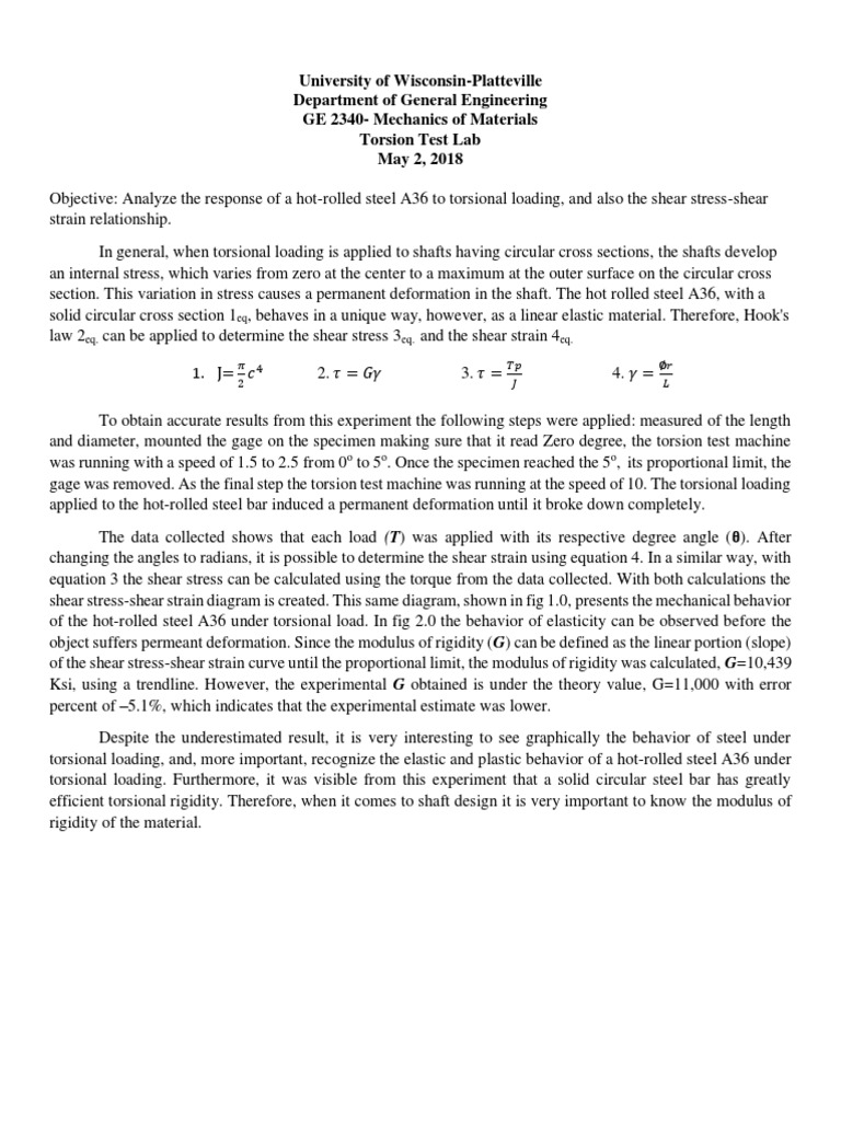 Torsion Lab Report PDF Deformation (Engineering) Stress (Mechanics)