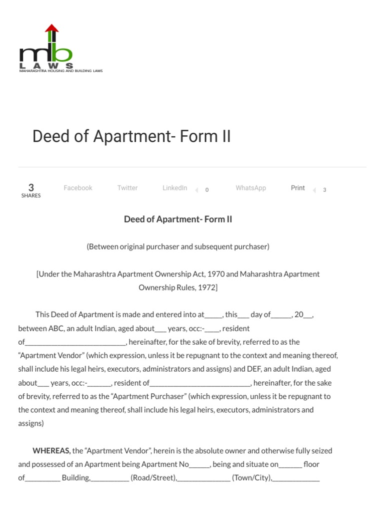 Deed of Apartment Form II Maharashtra Housing and Building Laws (1