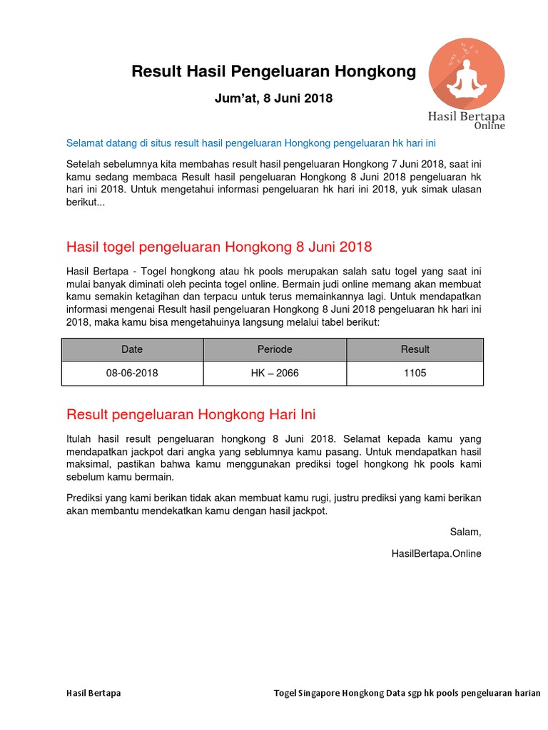 Result Hasil Pengeluaran Hongkong 8 Juni 2018 Pengeluaran Hk Hari Ini 2018 Pdf
