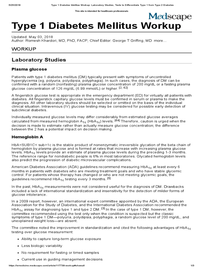 Type 1 Diabetes Mellitus Workup Laboratory Studies, Tests To Differentiate Type 1 From Type 2