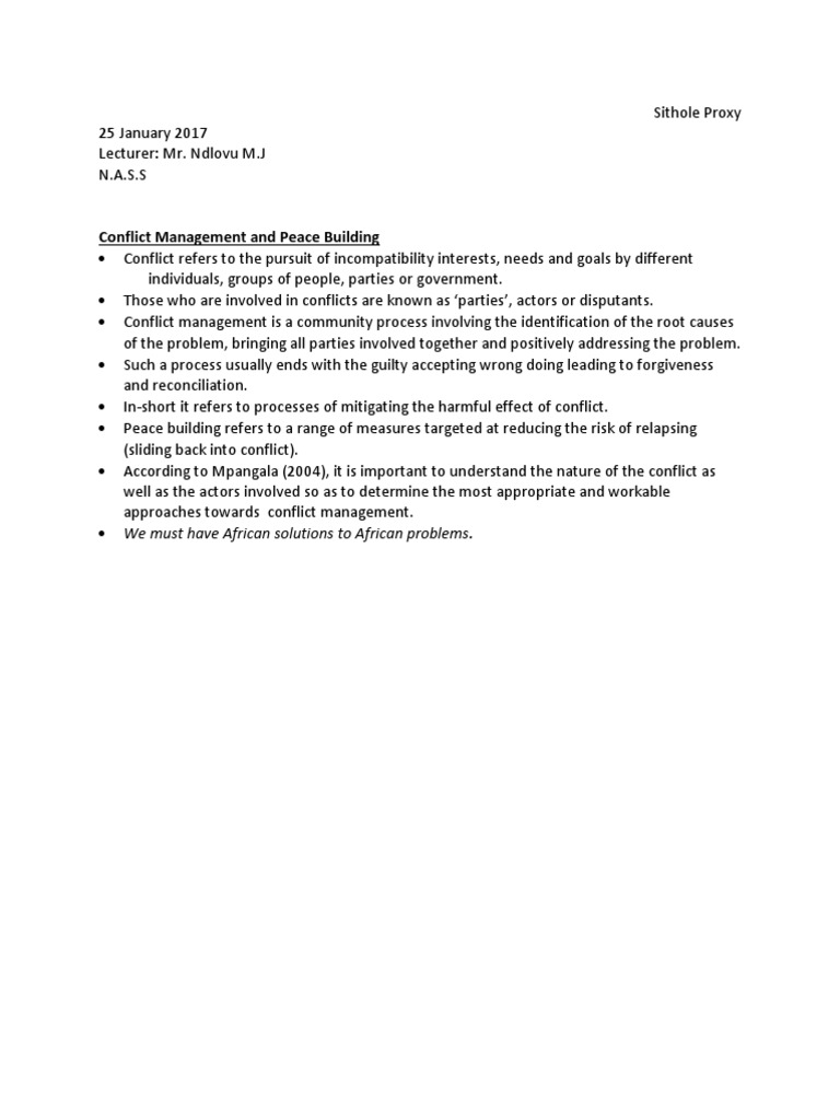 Conflict Management and Peace Building Guide | PDF