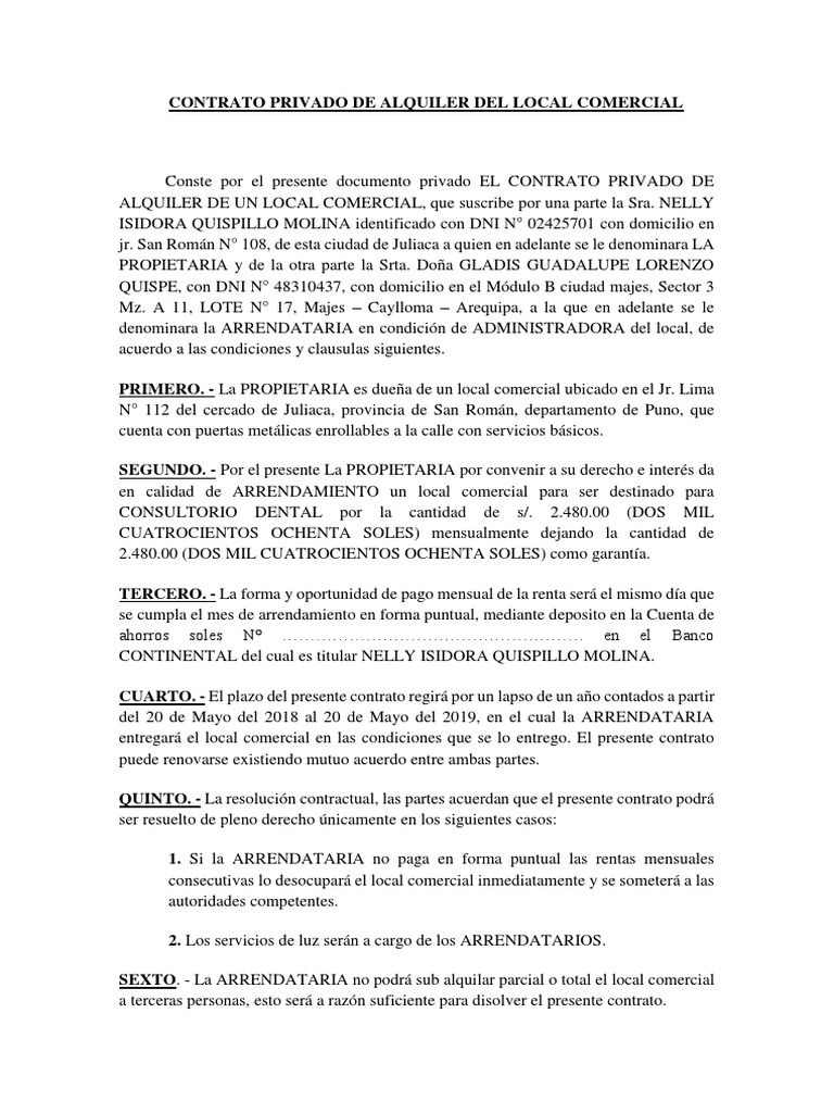 Contrato Privado de Alquiler Del Local Comercial 2018
