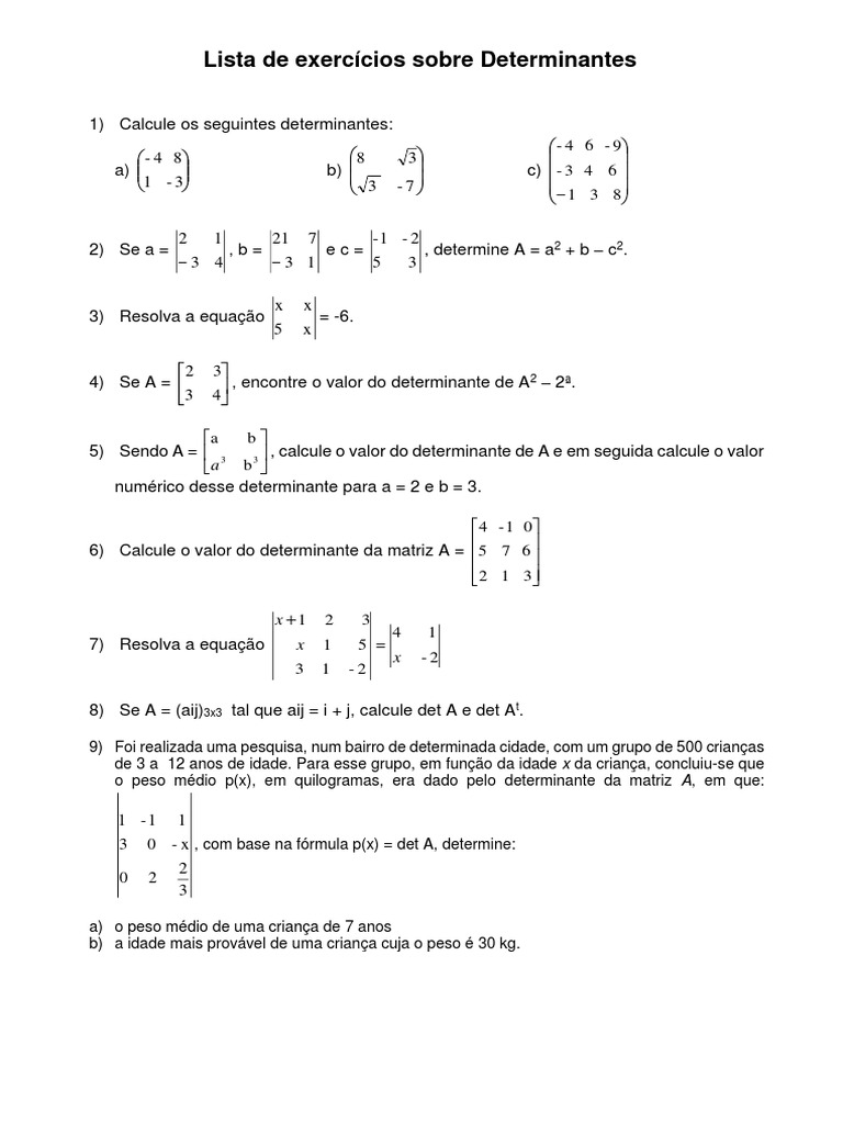 Exercícios sobre Determinantes 2x2 | PDF | Determinante | Equações