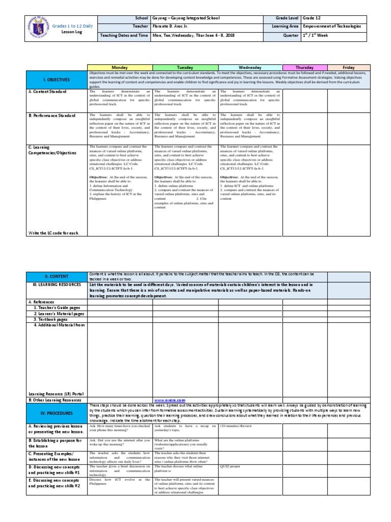Grade 12 ICT Empowerment Lesson Plan | PDF | Educational Technology ...