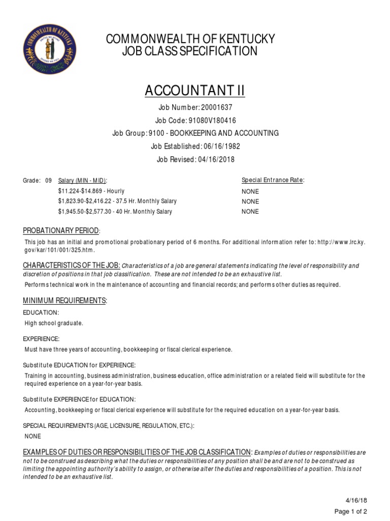 Accountant Ii Commonwealth of Kentucky Job Class Specification PDF