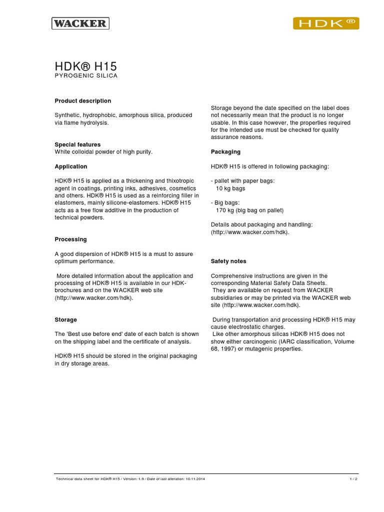 TDS HDK H15 PDF Packaging And Labeling Materials