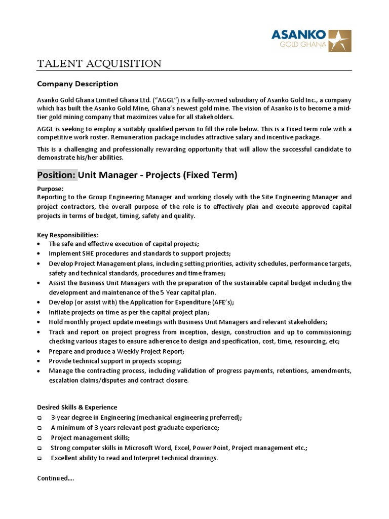 Project Manager Role at Asanko Gold | PDF | Project Management | Business