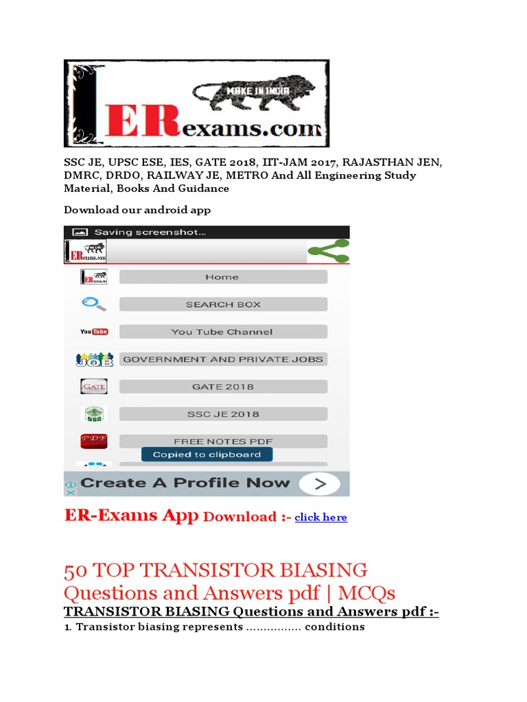 50 TOP TRANSISTOR BIASING Questions and Answers pdf MCQs PDF