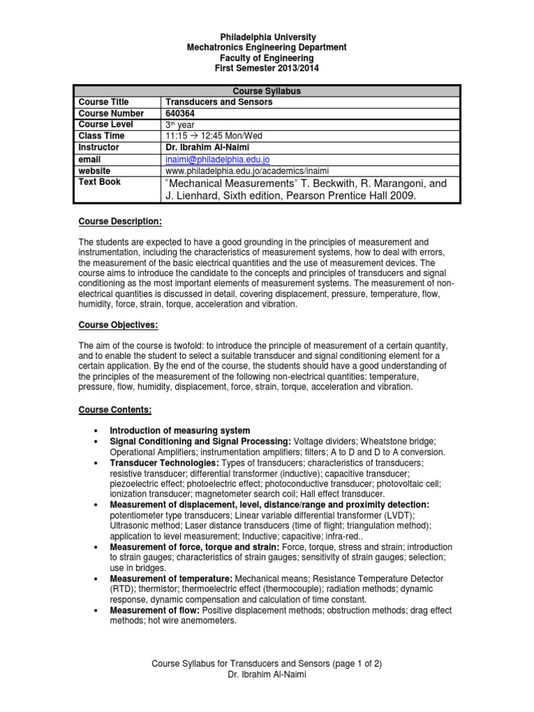 Transducer and Sensor Syllabus PDF Sensor Accelerometer