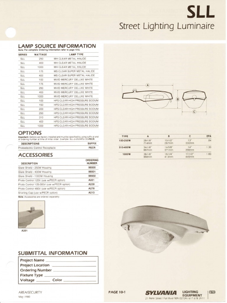 Sylvania SLL Street Lighting Luminaire Spec Sheet 5-80 | PDF ...