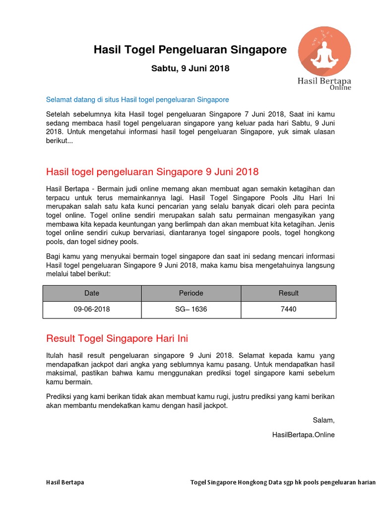 Hasil Togel Pengeluaran Singapore 9 Juni Hasil Bertapa Pdf