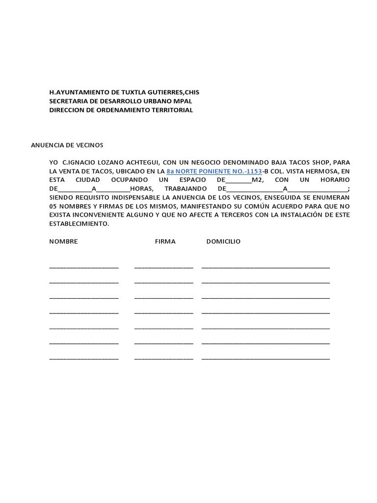 Carta de Anuencia Vecinal para Negocio | PDF