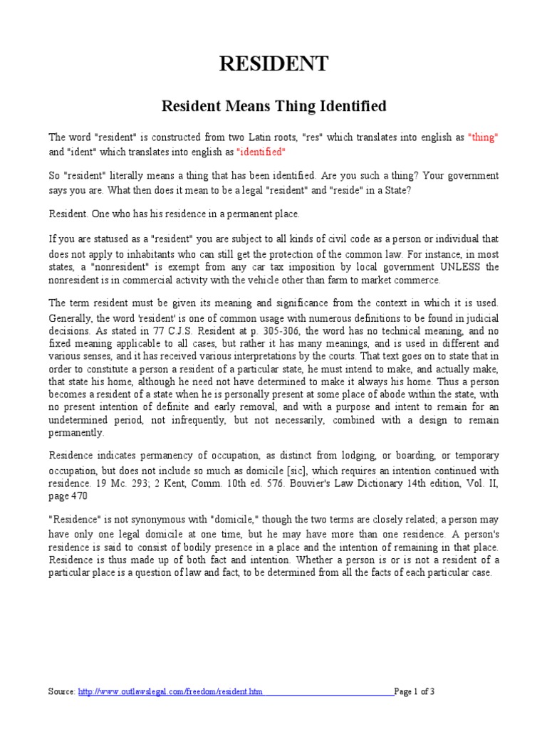 Resident Resident Means Thing Identified PDF U.S. State Fourteenth Amendment To The