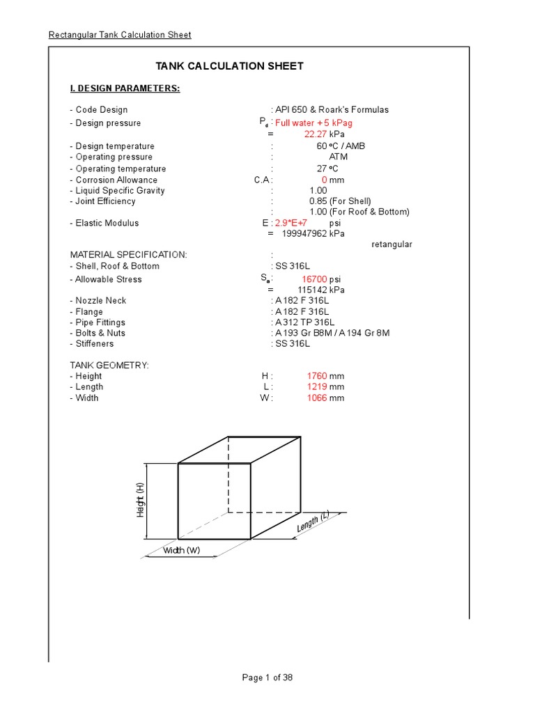 Rectangular Tank Calculation | PDF | Pressure | Elasticity (Physics)