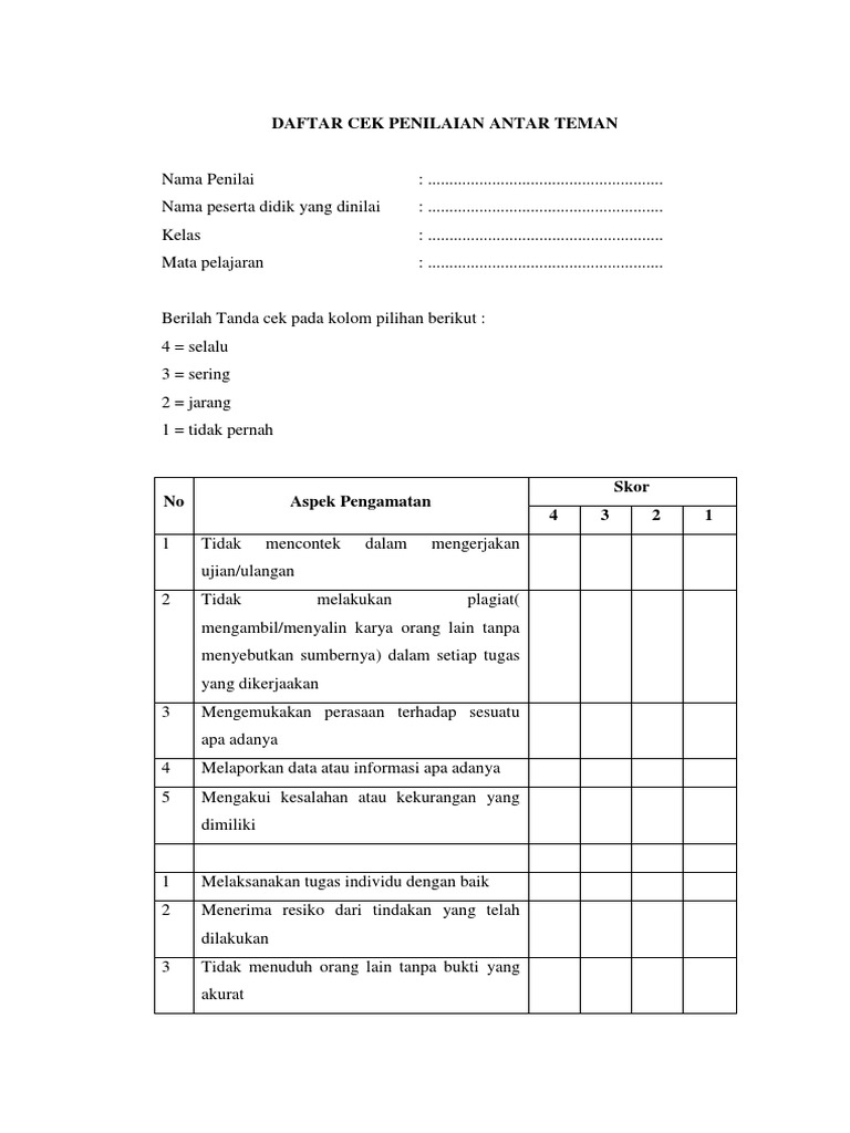 Penilaian Sikap, Daftar Cek Penilaian Antar Teman | PDF