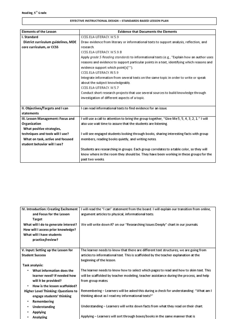 5th Grade Reading Lesson Plan Guide | PDF | Educational Assessment ...