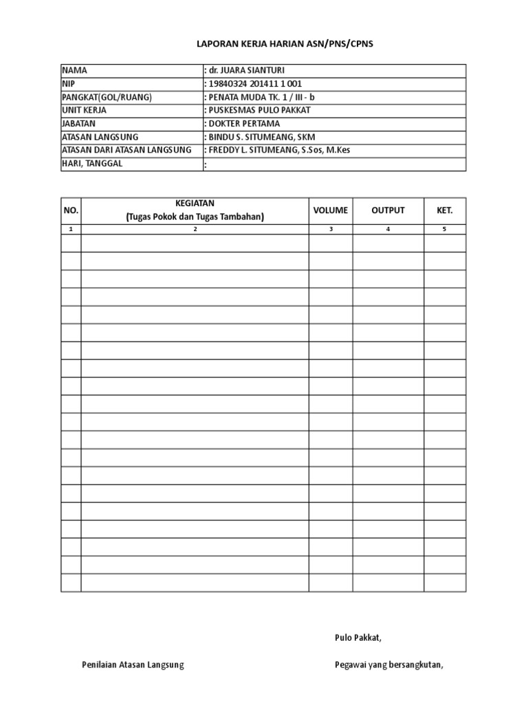 Laporan Kerja Harian Asn Pns Cpns
