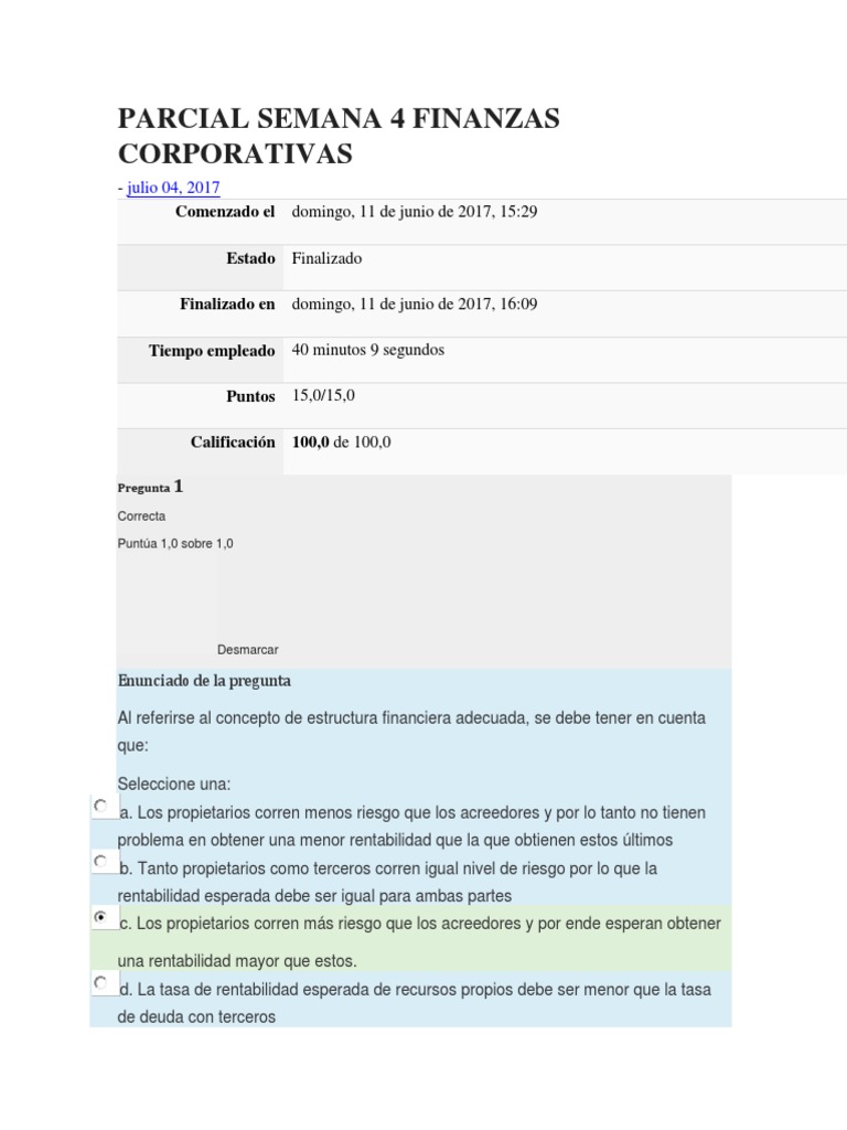 Parcial Semana 4 Finanzas Corporativas | PDF | Compartir (Finanzas ...