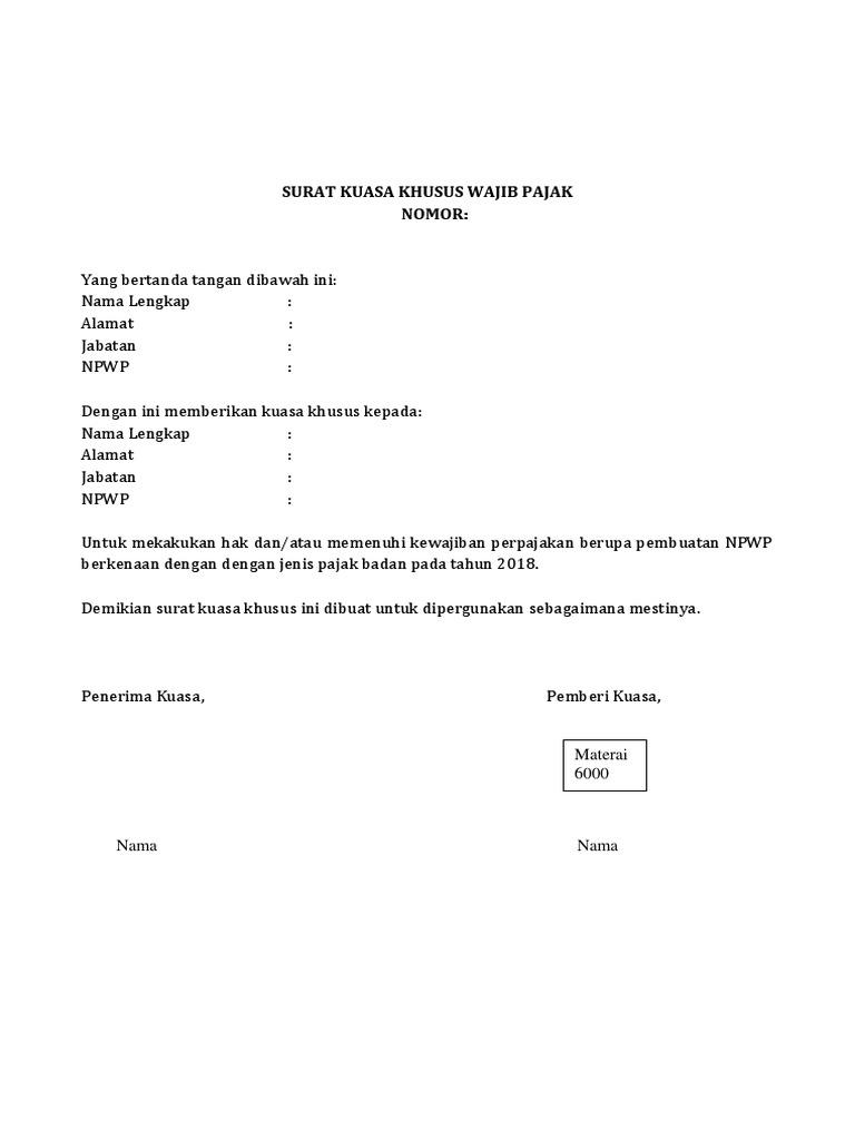 Contoh Surat Kuasa Khusus Wajib Pajak  Kumpulan Surat Penting