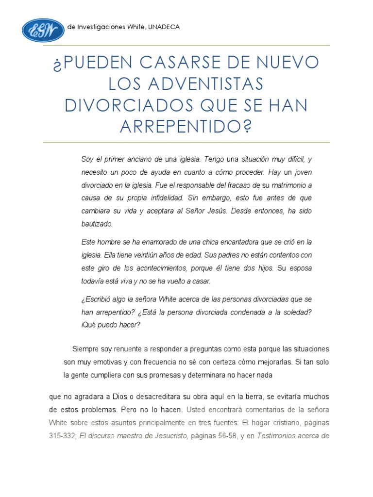 Pueden Casarse de Nuevo Los Adventistas Divorciados Que Se Han Arrepentido  | PDF | Divorcio | Matrimonio