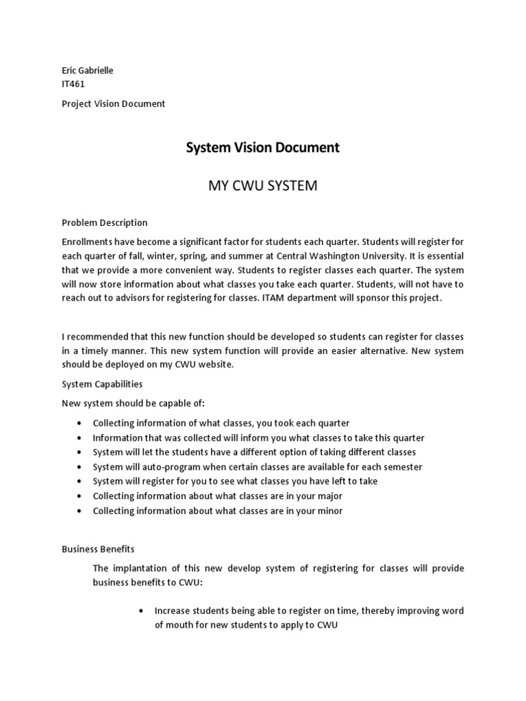 CWU Class Registration System Vision | PDF | Use Case | Computing