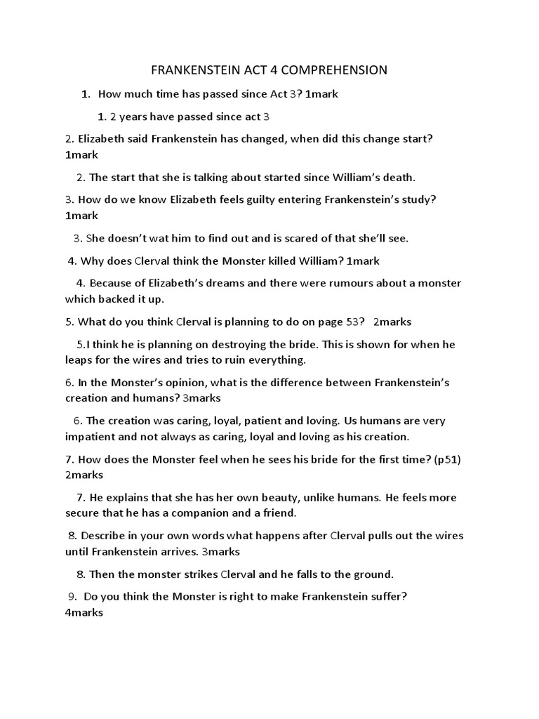 Frankenstein Act 4 Comprehension | PDF