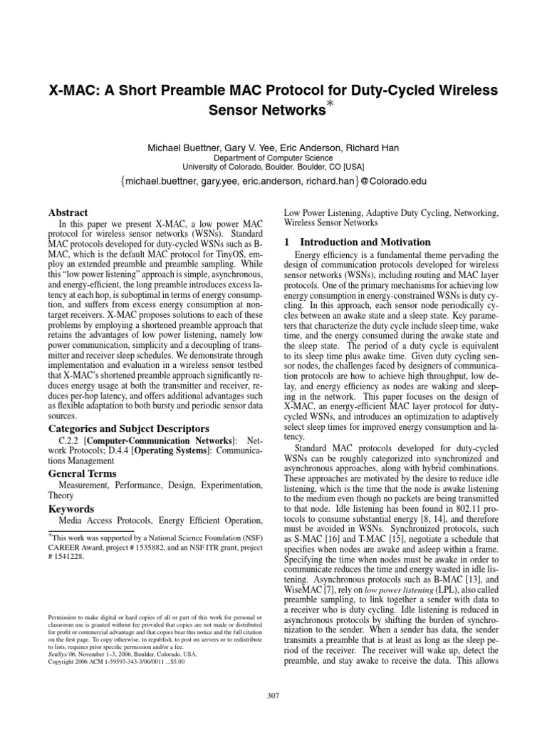 X-MAC: A Short Preamble MAC Protocol For Duty-Cycled Wireless Sensor ...
