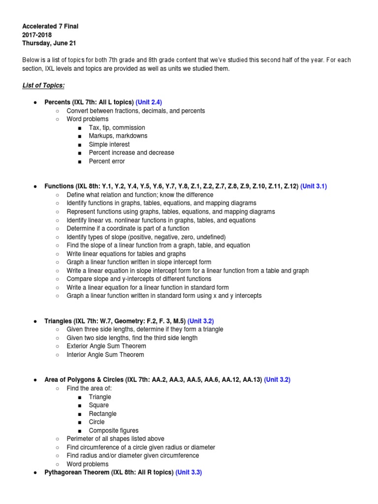 Accelerated Math 7 Final Review Guide | PDF | Triangle | Circle