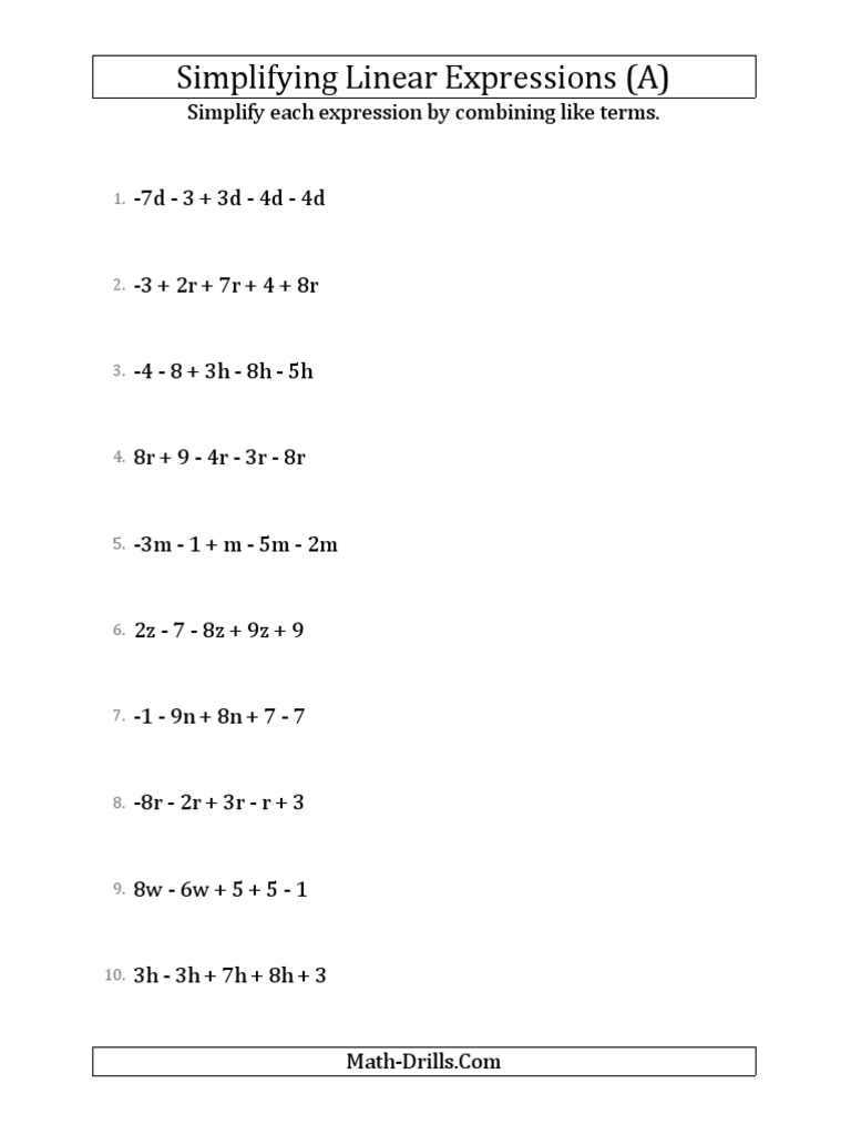 Algebra Worksheet - Simplifying Linear Expressions With 23 Terms  PDF With Regard To Simplifying Linear Expressions Worksheet