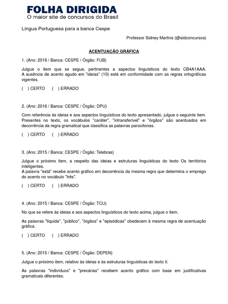 Exercícios de Regras de Acentuação Gráfica - I - Quiz - Racha Cuca