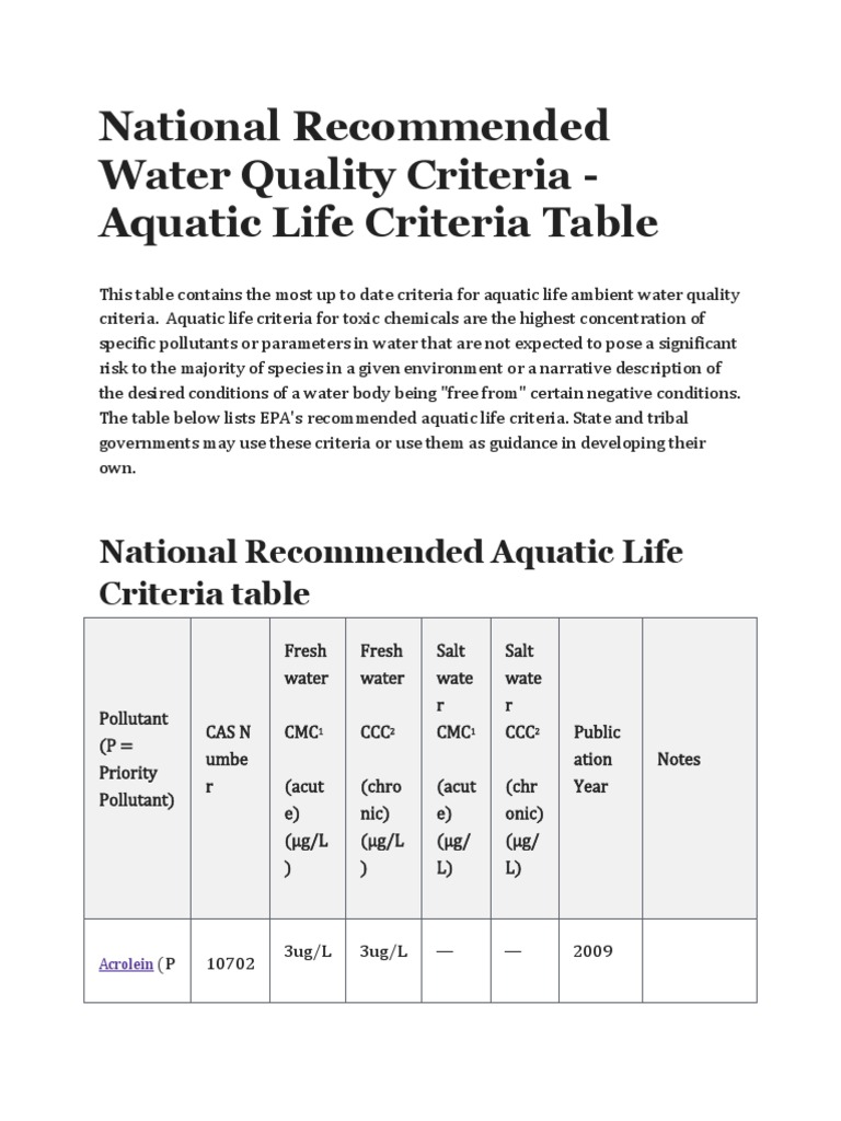 National Water Quality Criteria Aquatic Life Criteria