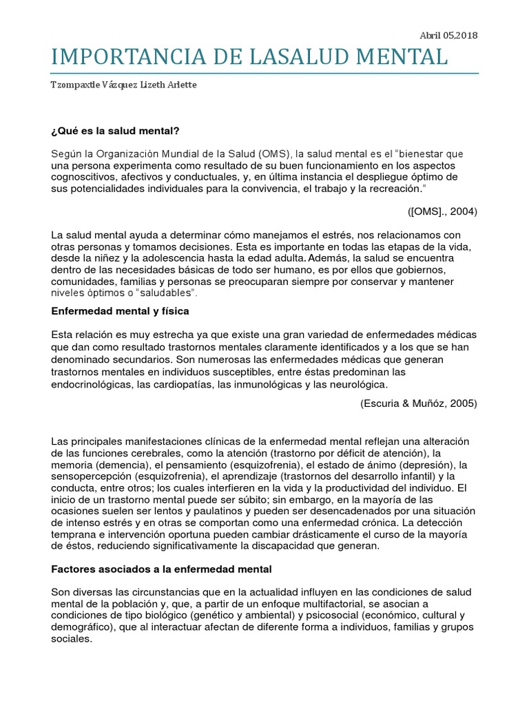 Importancia de la Salud Mental | PDF | Trastorno mental | Salud mental