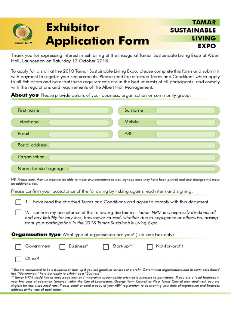 Tamar Sustainable Living Expo Exhibitor Application Form