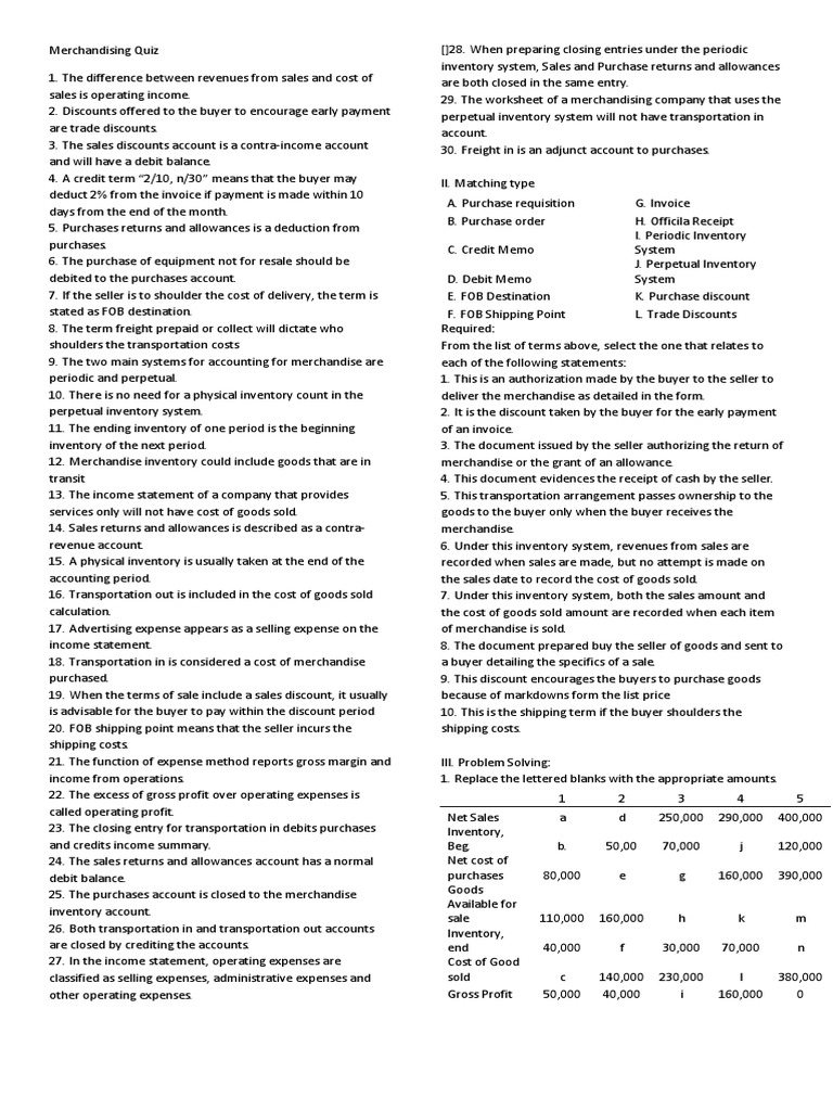 Merchandising Quiz PDF Debits And Credits Expense