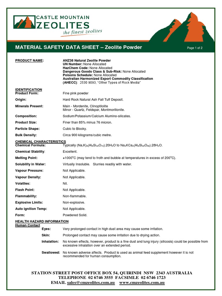 MSDS Zeolite Powder PDF Dust Dangerous Goods