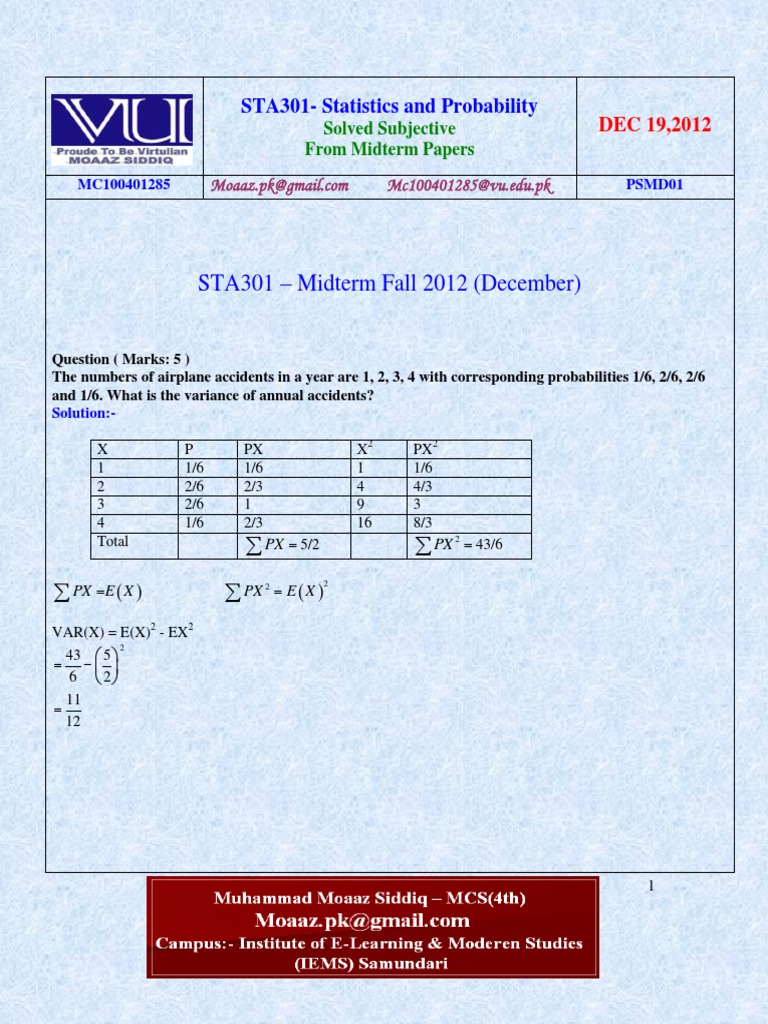 STA301 Statistics Midterm Solutions | PDF | Skewness | Correlation And ...