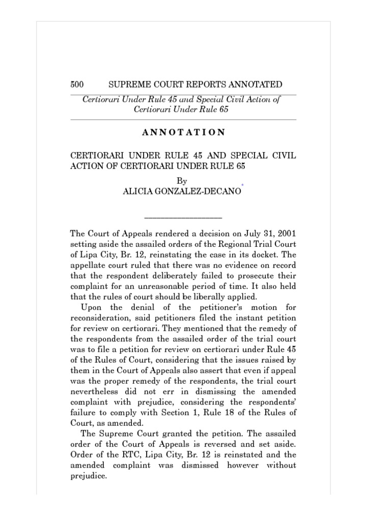 Certiorari Under Rule 45 and Special Civil Action of Certiorari Under ...