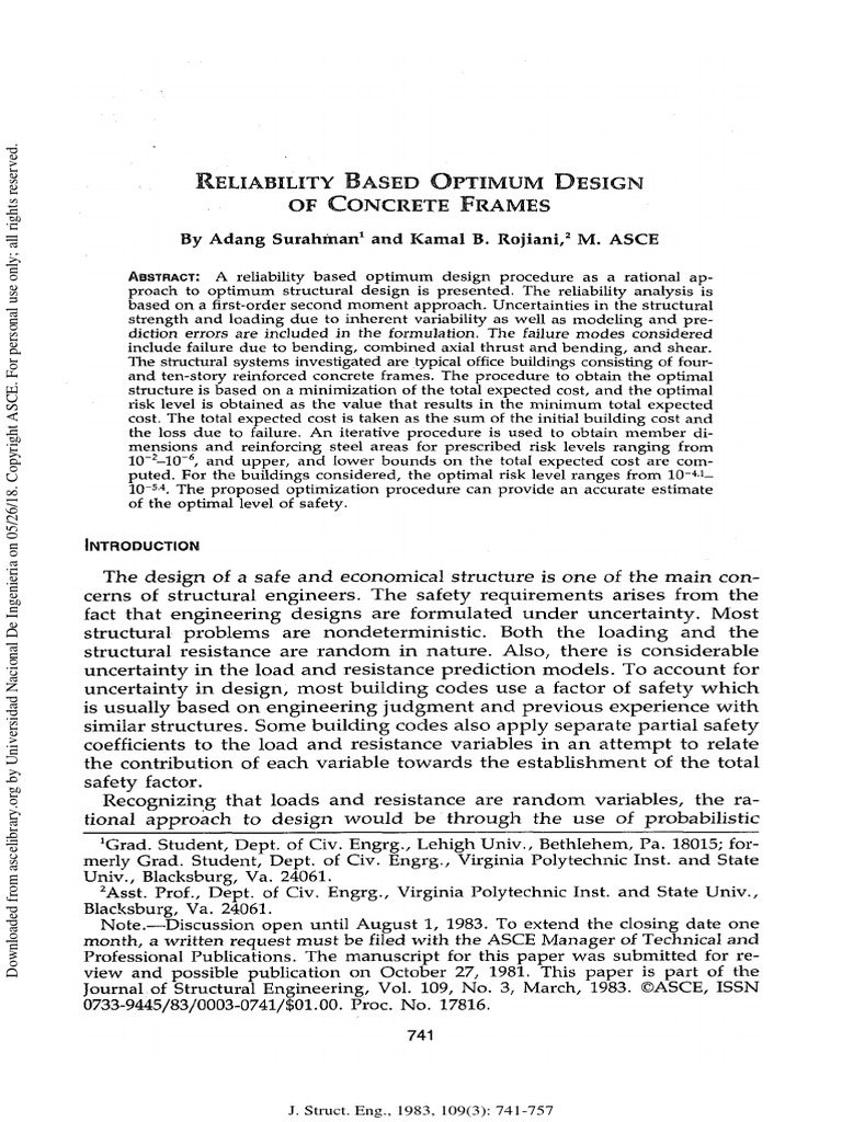 Reliability Based Optimum Design of Concrete Frames: J. Struct. Eng ...