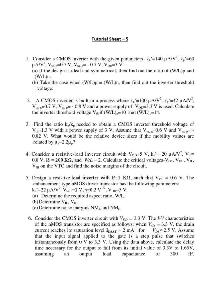 Tutorial Sheet 5 Cmos Mosfet