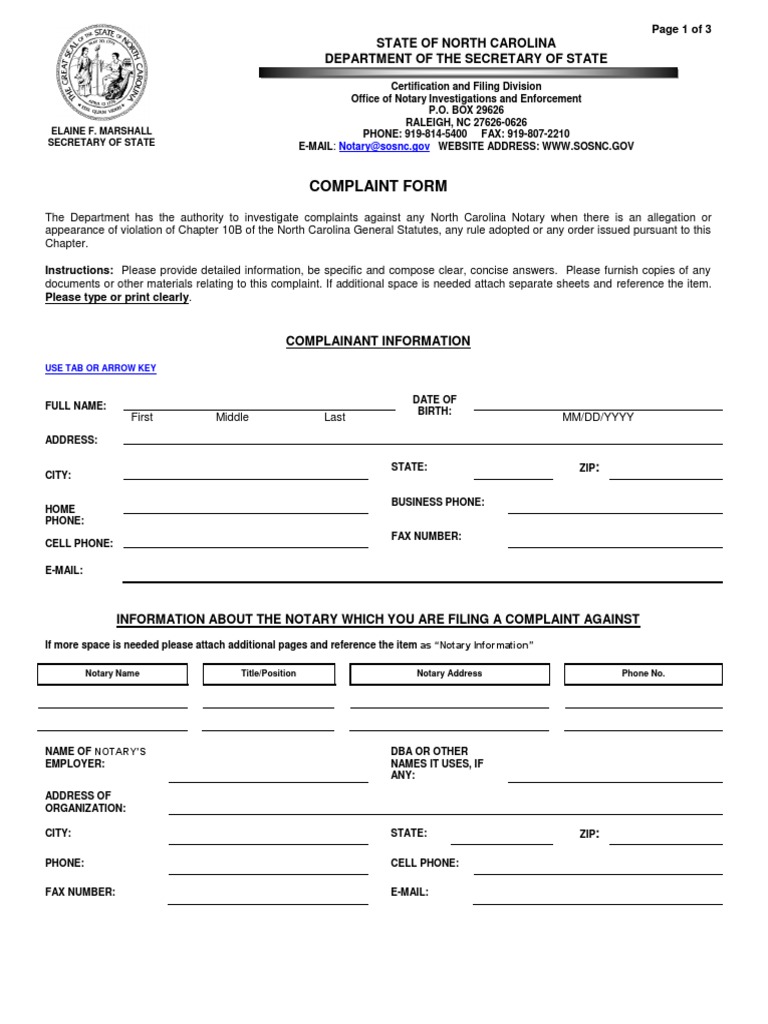 Notary Complaint Form PDF Notary Public Complaint