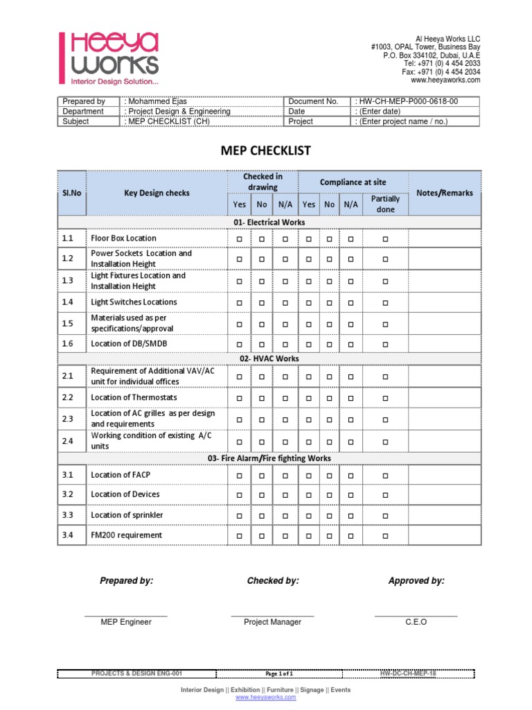 MEP Checklist For Office Interior Work PDF Equipment Electrical Engineering