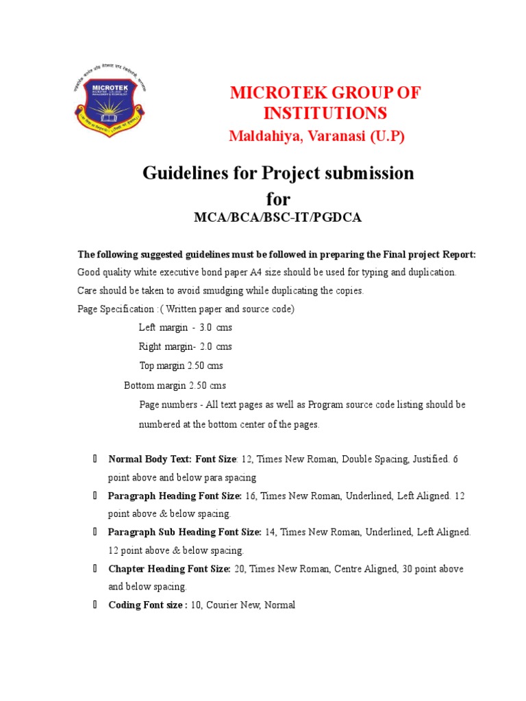 Project Submission Guidelines for MCA/BCA | PDF | Times New Roman ...